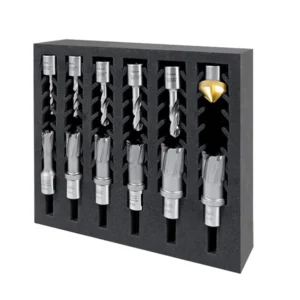 Set of precision tools in foam storage.