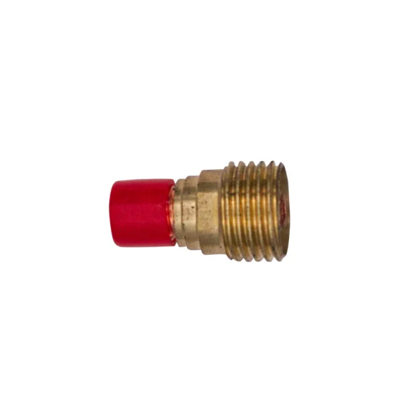 Brass fitting with a red rubber cap.