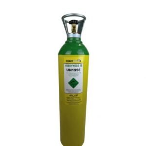 Yellow and green gas cylinder labeled Hobbyweld 15.