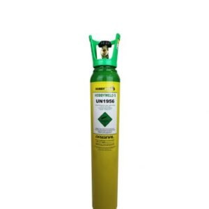 Green gas cylinder labeled Hobbyweld 5 UN1956