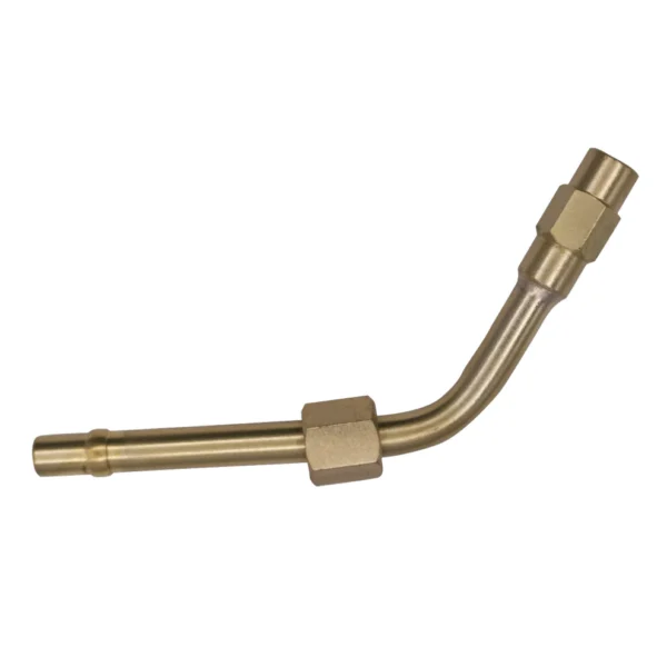 Brass angled pipe fitting for plumbing applications.