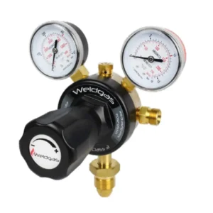 Gas regulator with dual pressure gauges.