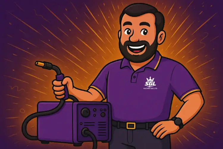 Smiling man holds welding equipment in purple shirt.