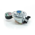 Gas regulator with pressure gauge and adjustment knob.