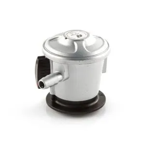 Silver automotive pressure regulator on black base.
