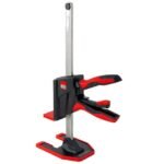 Red and black vertical clamp tool with adjustable height.