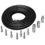 Black hose with metal connectors and fittings.