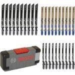 Variety of Bosch jigsaw blades in a storage case.