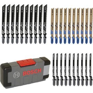 Variety of Bosch jigsaw blades in a storage case.