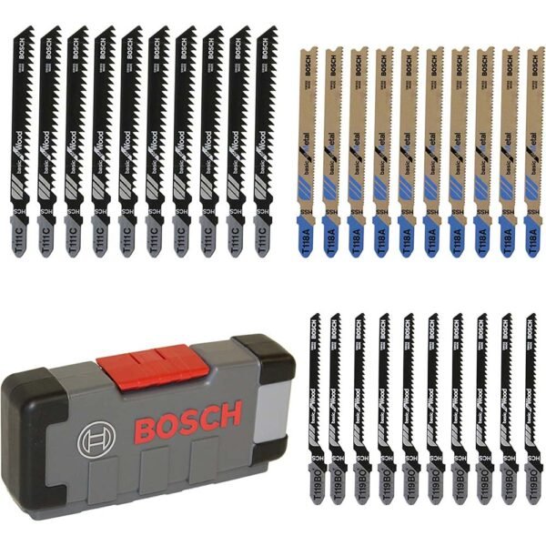 Variety of Bosch jigsaw blades in a storage case.