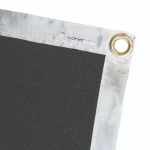 Close-up of a black welding banner corner.