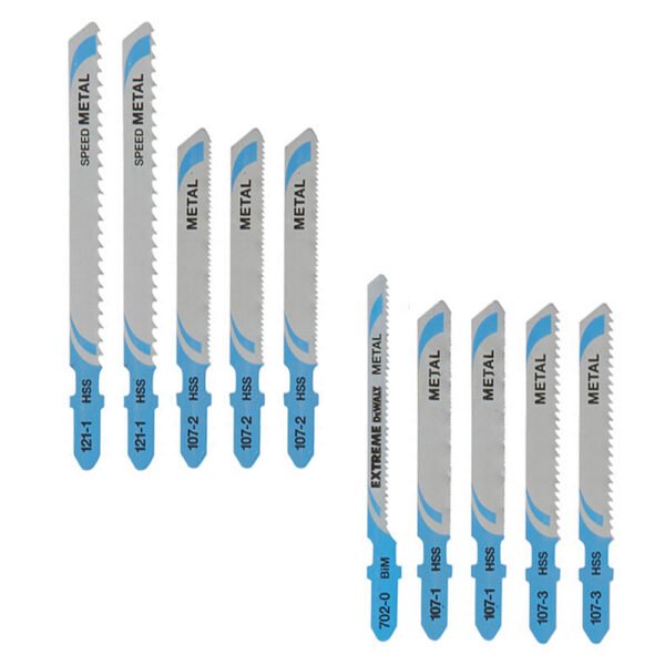 Set of metal saw blades in various sizes.