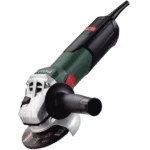 Electric angle grinder with protective casing and handle.