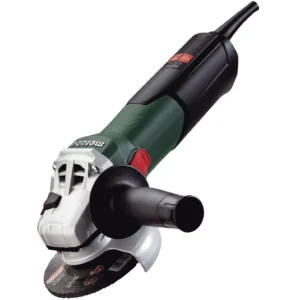 Electric angle grinder with protective casing and handle.