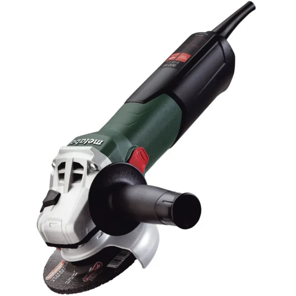 Electric angle grinder with protective casing and handle.