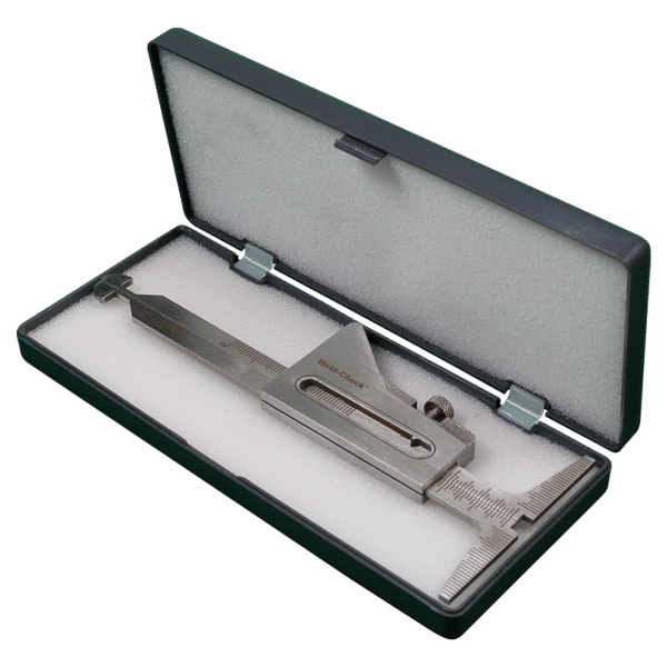 A silver welding gauge in a protective case.