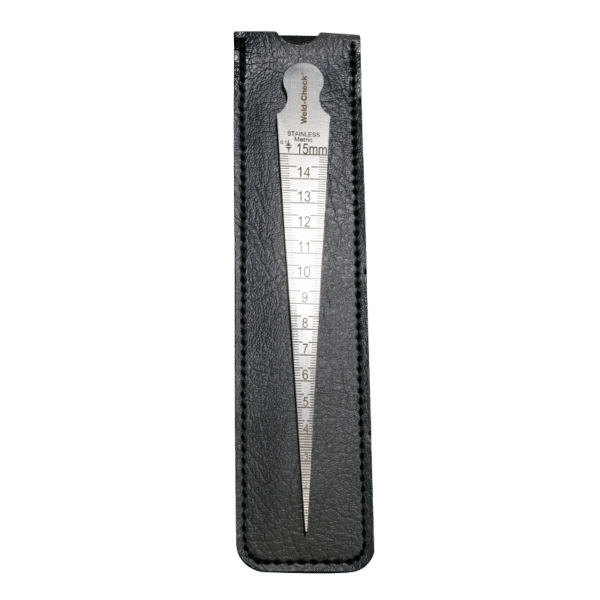 Metal gauge in a black leather case.