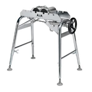 Metal equipment stand with adjustable legs and wheels.