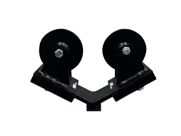 Close-up of a dual-wheel pulley mechanism.