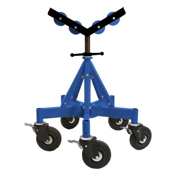 Blue mobile tool stand with wheels.