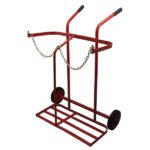 Red wheeled cart with chains for support.