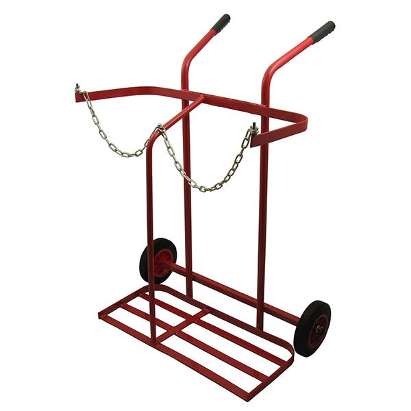Red wheeled cart with chains for support.