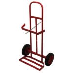 Red hand truck with wheels and support frame