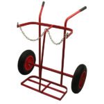 Red wheeled cart with a chain attachment