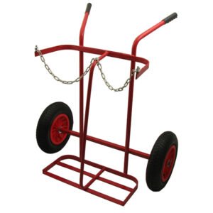 Red wheeled cart with a chain attachment