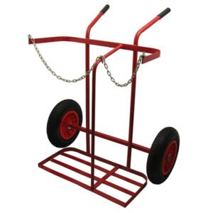 Red cart with wheels and handles for transport.