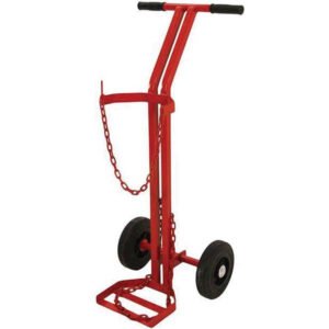 Red hand truck with wheels and a chain.