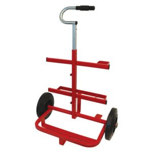 Red hand truck with wheels for easy transport.