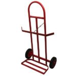 Red hand truck with wheels for moving items.