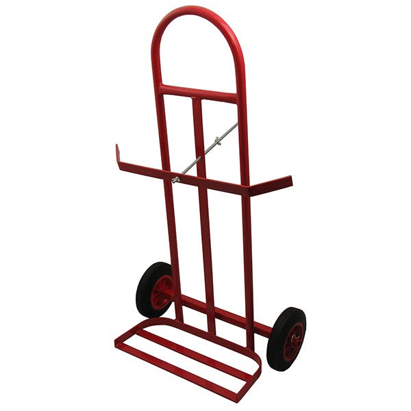 Red hand truck with wheels for moving items.