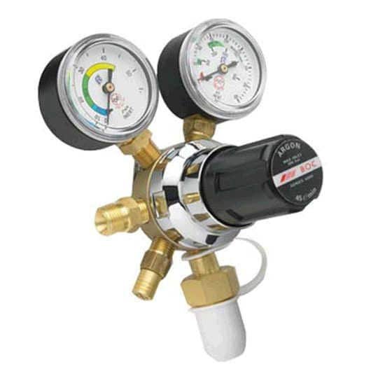 Argon gas regulator with pressure gauges.