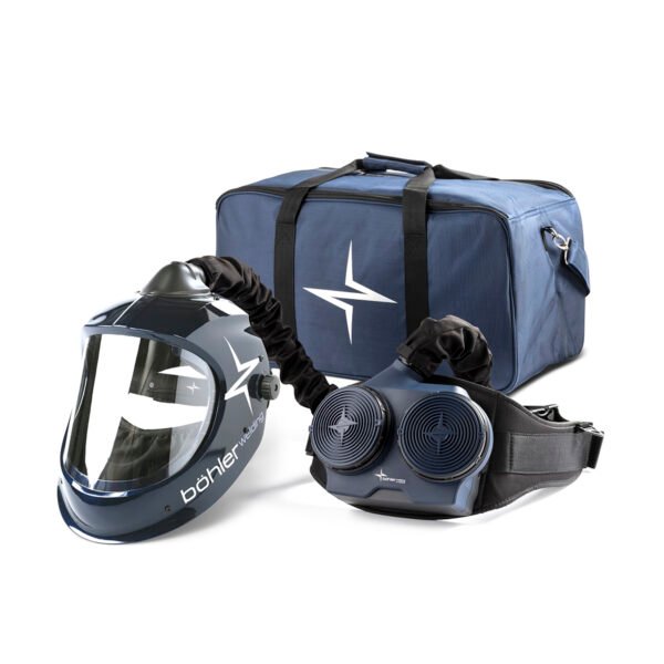 Protective helmet and respiratory system with carrying bag.