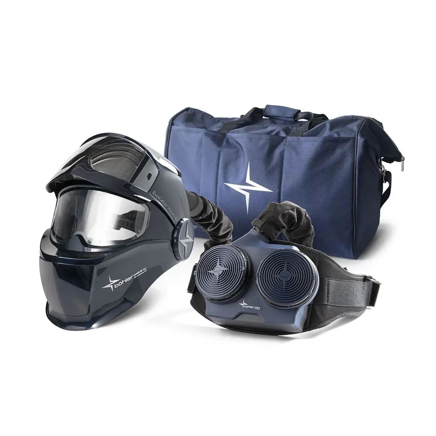 Protective helmet with breathing apparatus and bag.