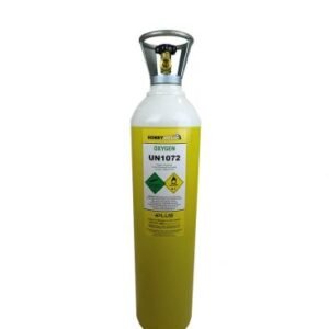 Yellow oxygen cylinder labeled UN1072 safely stored.