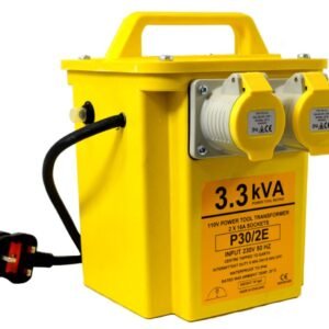 Yellow power tool transformer with multiple sockets.