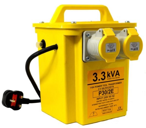 Yellow power tool transformer with multiple sockets.