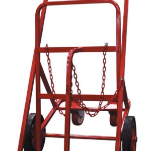 Red hand truck with chains for secure transport
