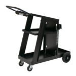 Black utility cart with wheels and shelves.
