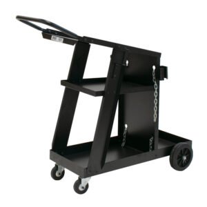 Black utility cart with wheels and shelves.