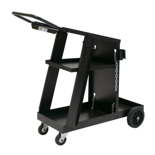 Black utility cart with wheels and shelves.