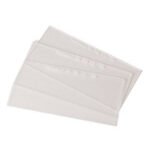 Four blank, white envelopes stacked together.