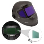 Welding helmet with adjustable dark lenses and features.