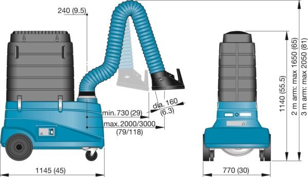 Industrial vacuum with flexible hose dimensions