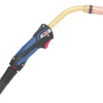 Welding torch with ergonomic handle and nozzle.