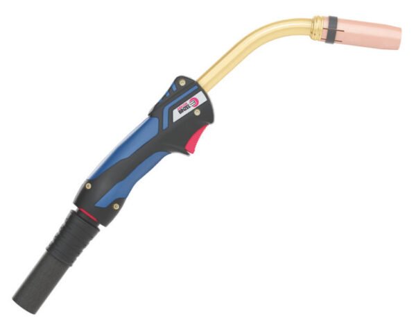 Welding torch with ergonomic handle and nozzle.
