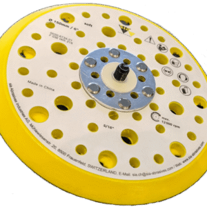 Yellow sanding disc with multiple holes for dust extraction.